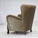 1960s, Danish armchair, green furniture velour, oak wood legs.