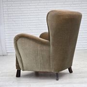 1960s, Danish armchair, green furniture velour, oak wood legs.