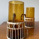 Set of 5 glass and rattan mugs