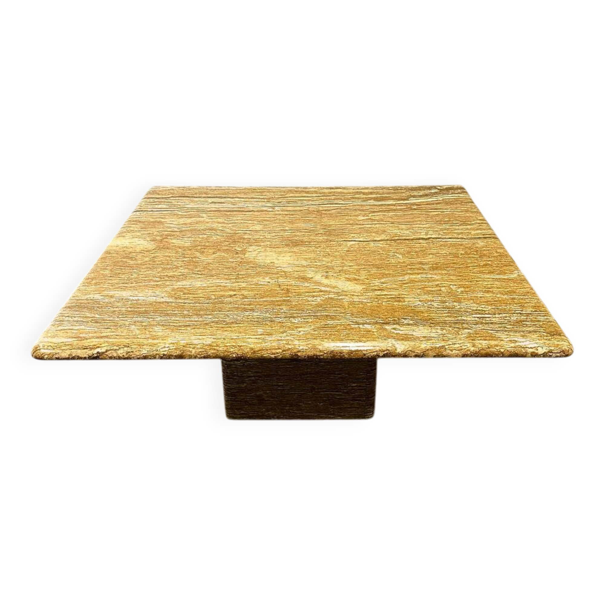 XL vintage square caramel travertine coffee table, 1980s