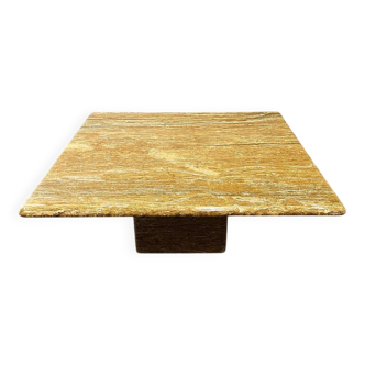 Table basse carrée vintage XL en travertin caramel, années 1980