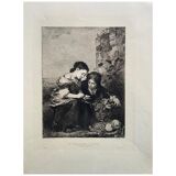 Gravure par albert artigue, xixe B.esteban murillo, "les marchands de fruits"