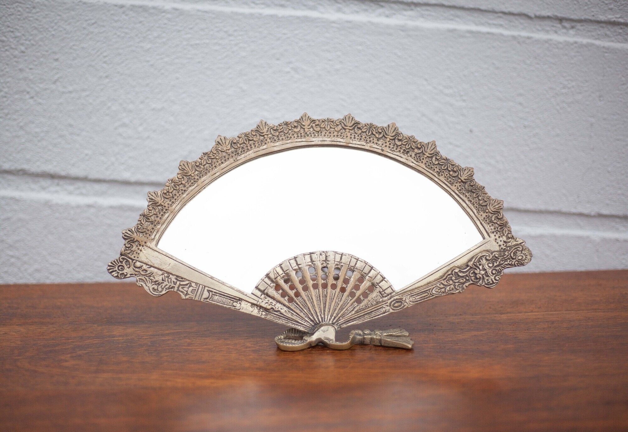 Patinated brass fan mirror, table mirror, courtesy mirror, beveled mirror, mirror to be installed