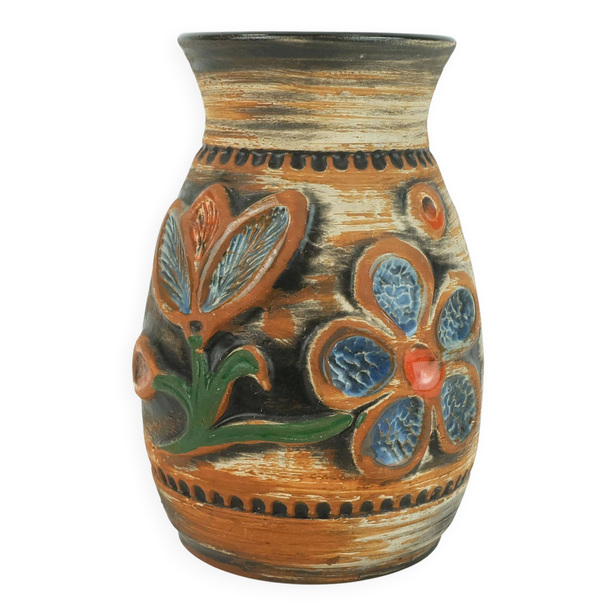 1960s bay ceramic vase multi-color relief flower decor model 94 17