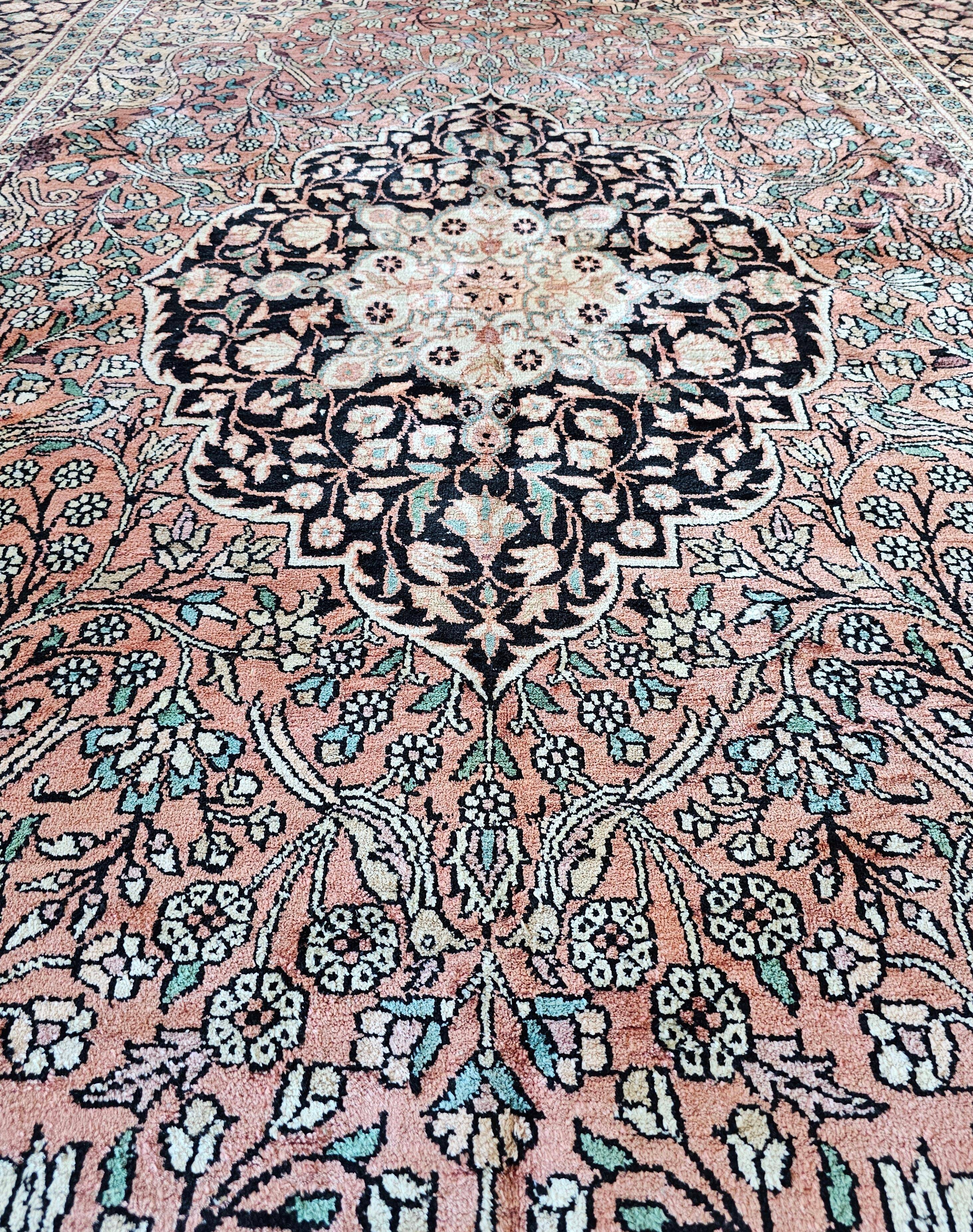 Vintage Kasmir Silk Hand-Knotted Rug with Floral Pattern, Pakistan 1950s