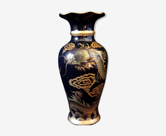 Vase Chinois peint métal dragon pourchassant la perle sacrée laqué Vietnam 34cm
