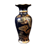 Vase Chinois peint métal dragon pourchassant la perle sacrée laqué Vietnam 34cm