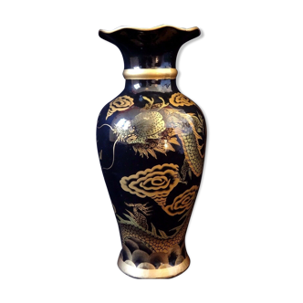 Chinese painted dragon metal vase chasing sacred pearl lacquered Vietnal 34cm