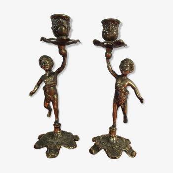 Bougeoir bronze doré décor chérubin putti angelots