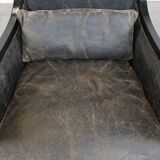 Black Art Deco design cow leather and wooden armchair with loose cushion
