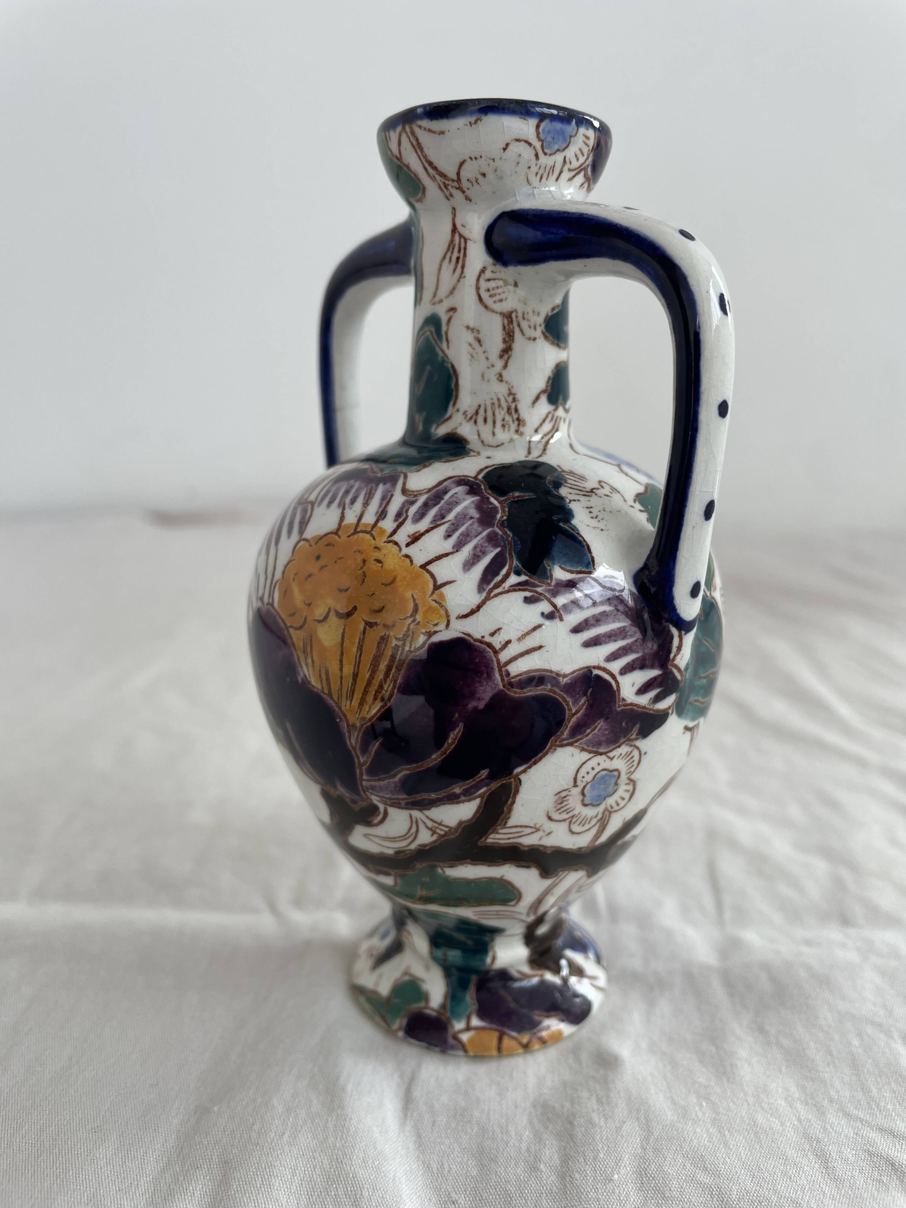 Gien earthenware vase, Peony model, vintage, polychrome floral decoration