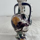 Gien earthenware vase, Peony model, vintage, polychrome floral decoration