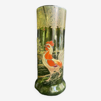 Vase « Nancy au coq émaillé» vert antique F. T. Legras