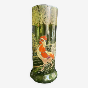 Vase “Nancy with enameled rooster” antique green FT Legras