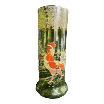 Vase « Nancy au coq émaillé» vert antique F. T. Legras