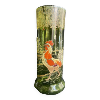 Vase “Nancy with enameled rooster” antique green FT Legras