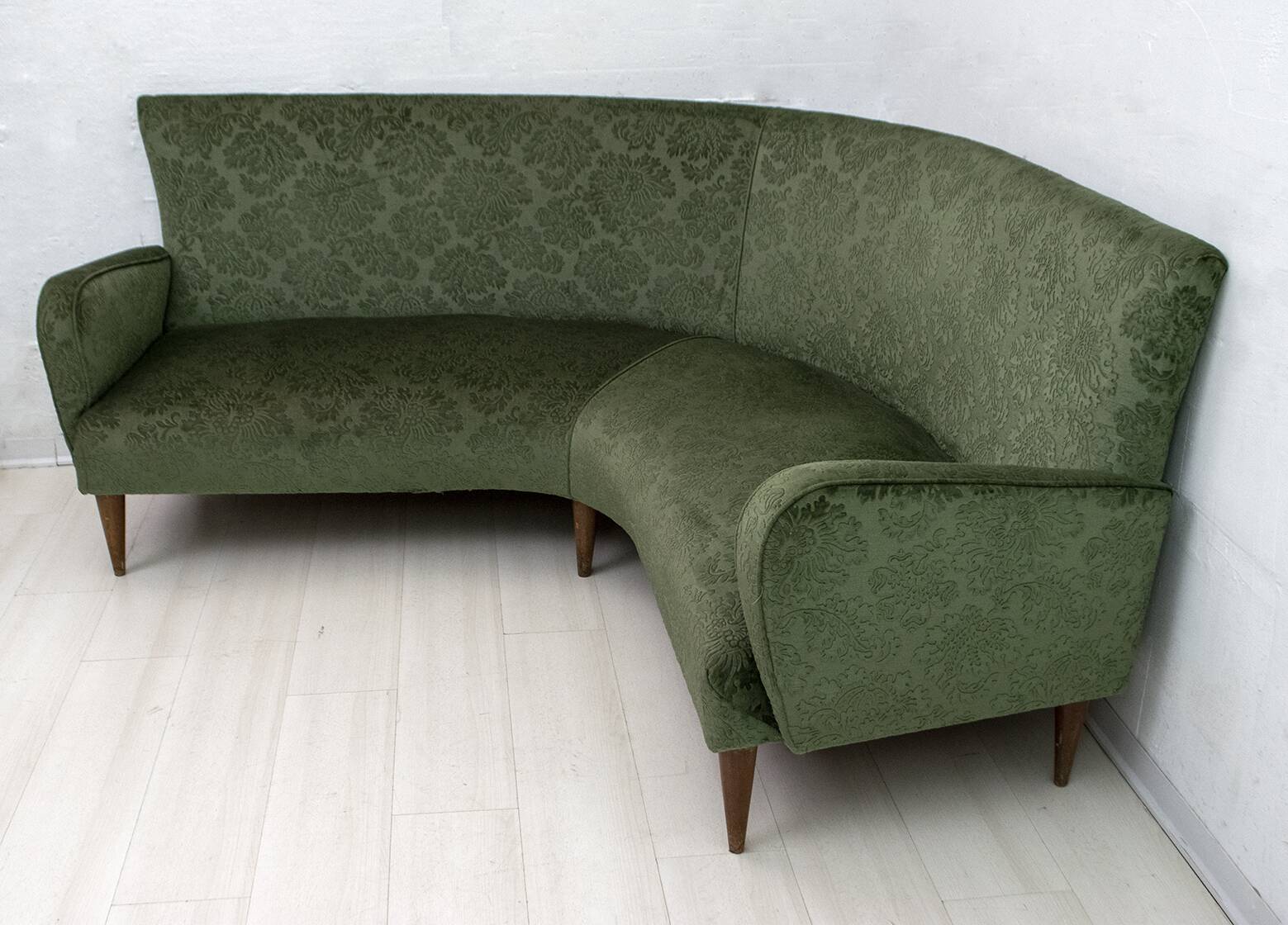 Mid-Century Modern Italian Damask Velvet Corner Sofa, 1950s
