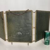 Vintage 1920s triptych barber mirror in gold and green faux crocodile leather - 37 x 87