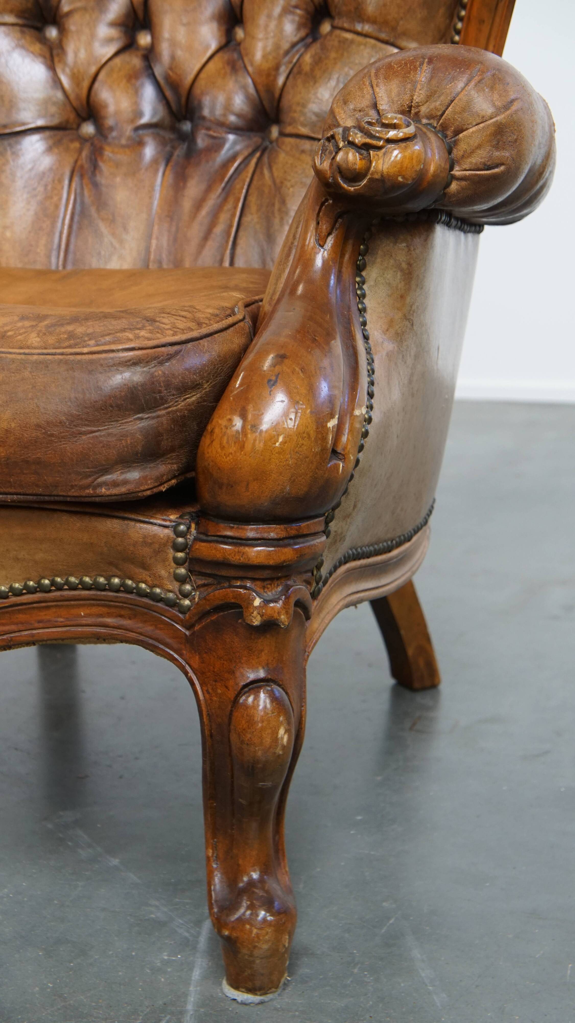Antique Baroque Sheepskin Leather Chesterfield Armchair