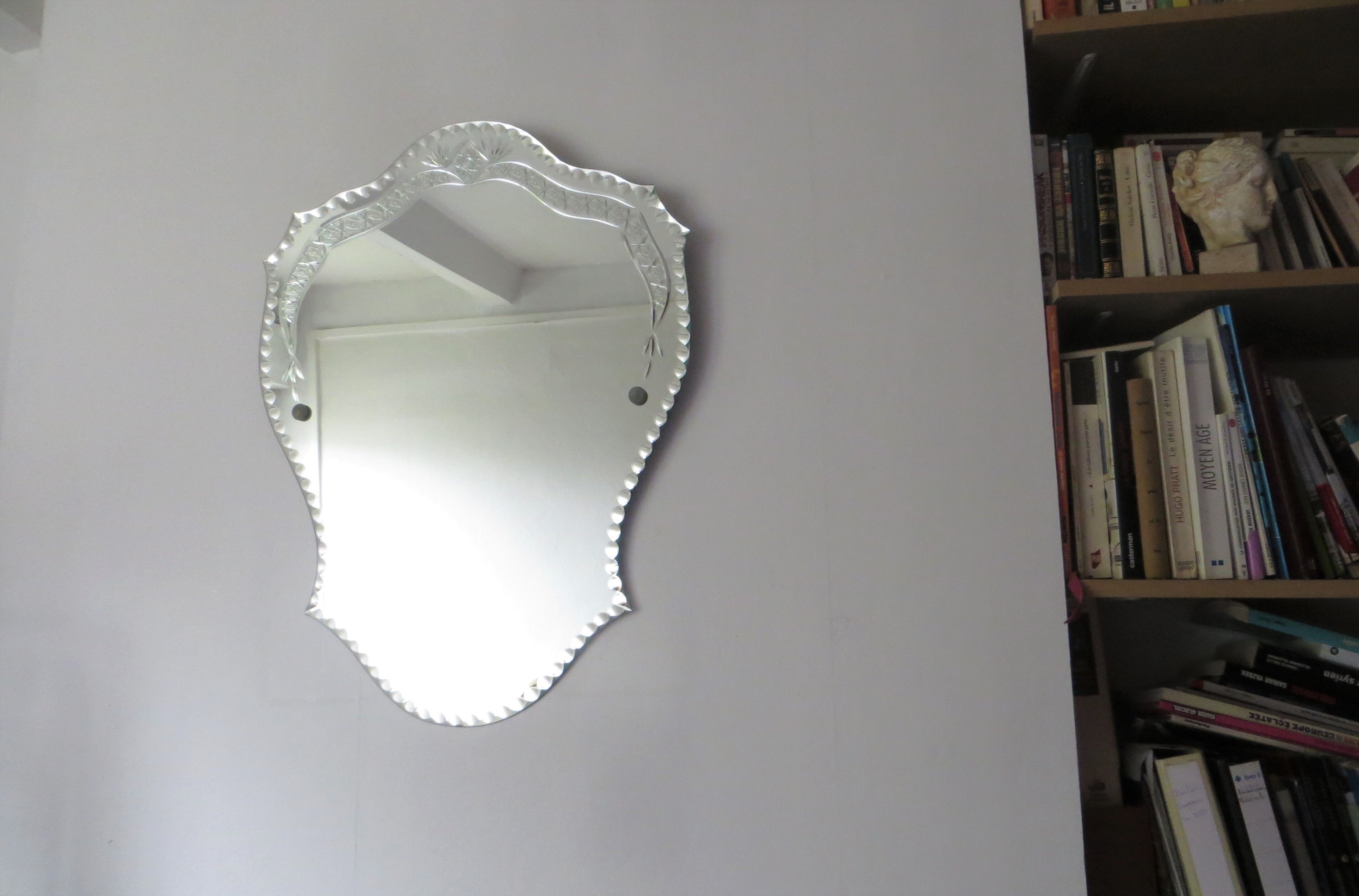 Antique mirror Art Deco beveled and engraved 72 x 53 cm