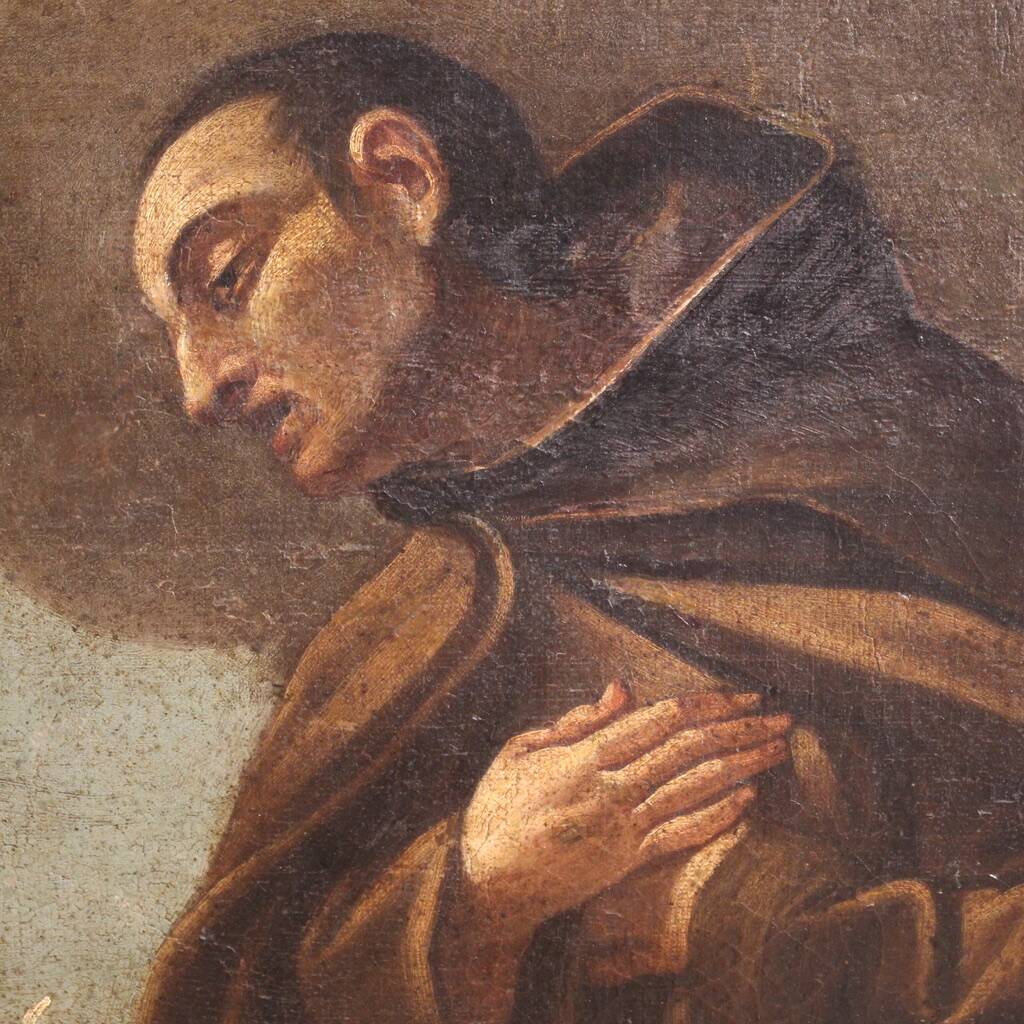 Antique Italian painting of adoration of friars with cherubs 17th century