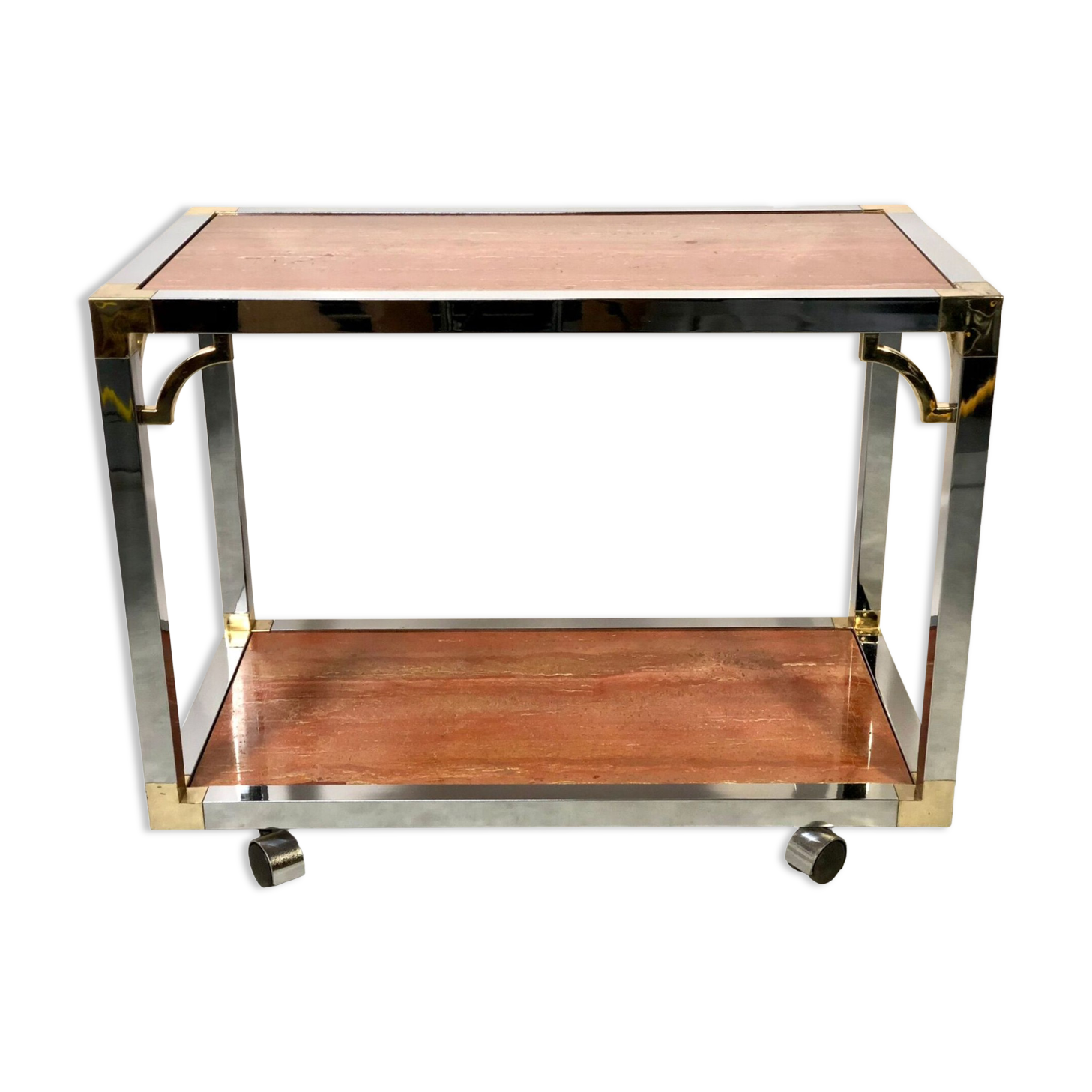 Italian rolling dessert table with two trays decorated with pink travertine