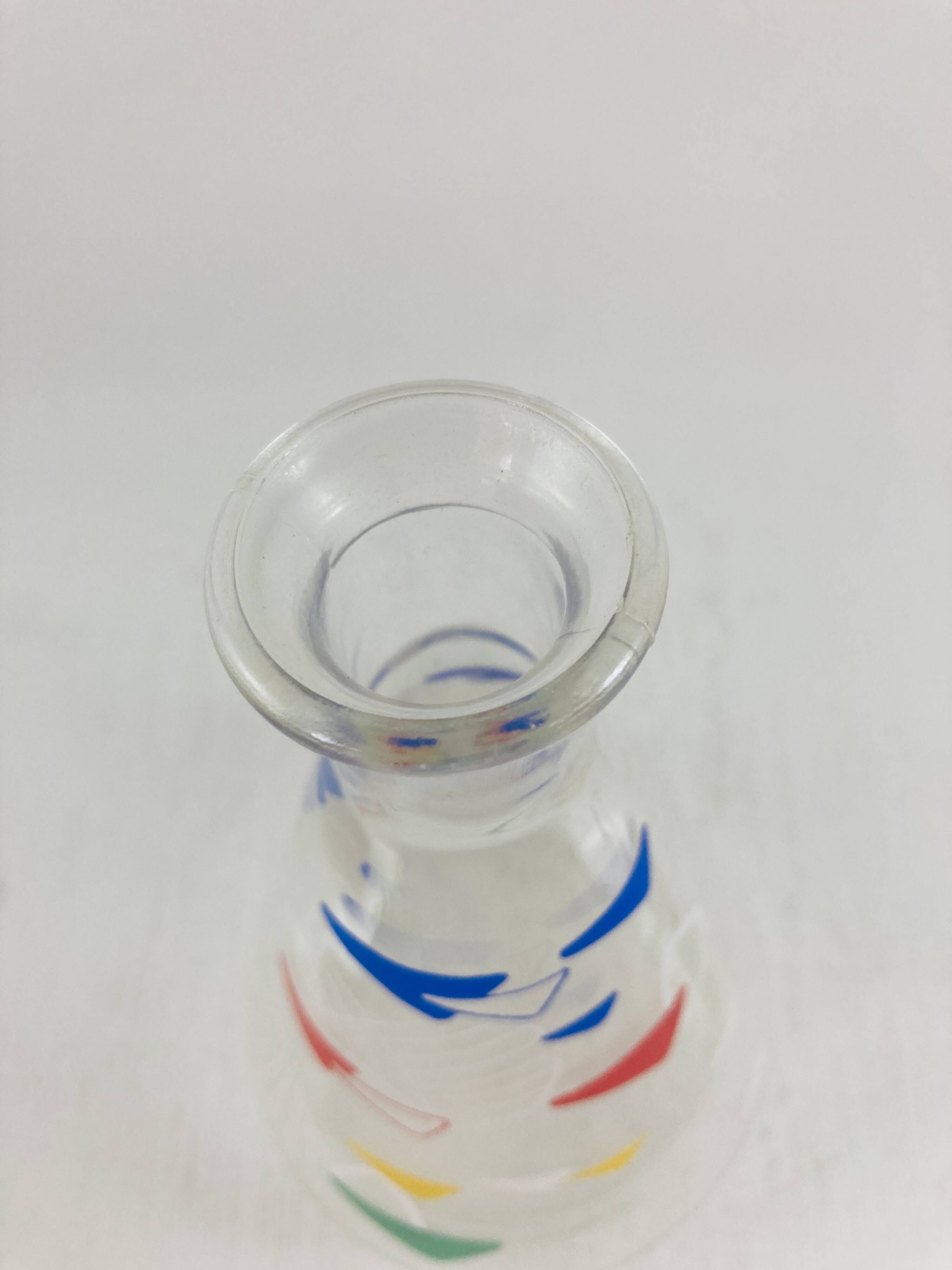 Vintage glass carafe 1960 Atomic boomerang decor blue red yellow