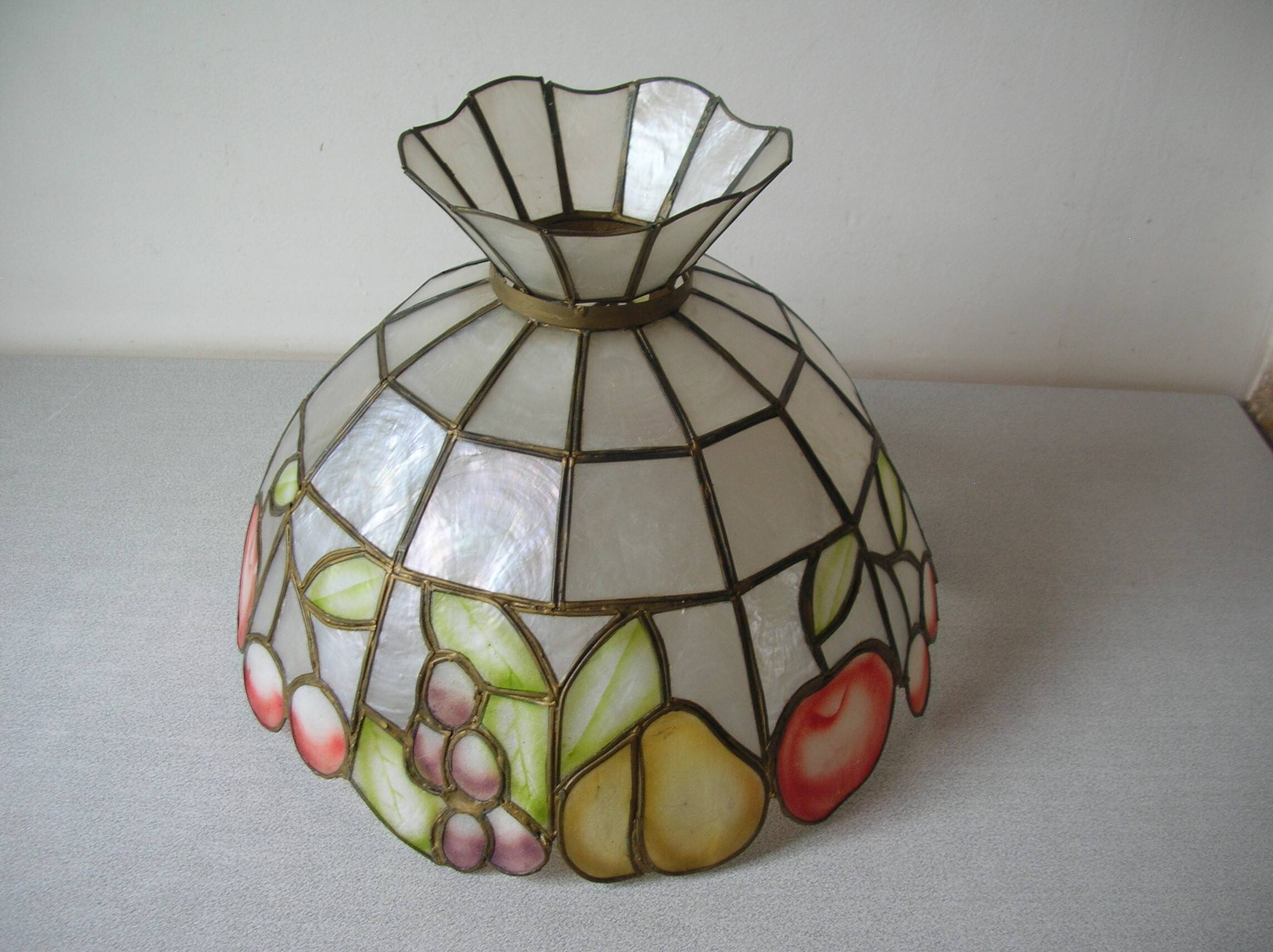 Old large mother-of-pearl brass lampshade stained glass style fruit decor 31 cm