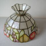 Old large mother-of-pearl brass lampshade stained glass style fruit decor 31 cm