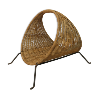 Wood or newspaper basket, metal and wicker 1950s
