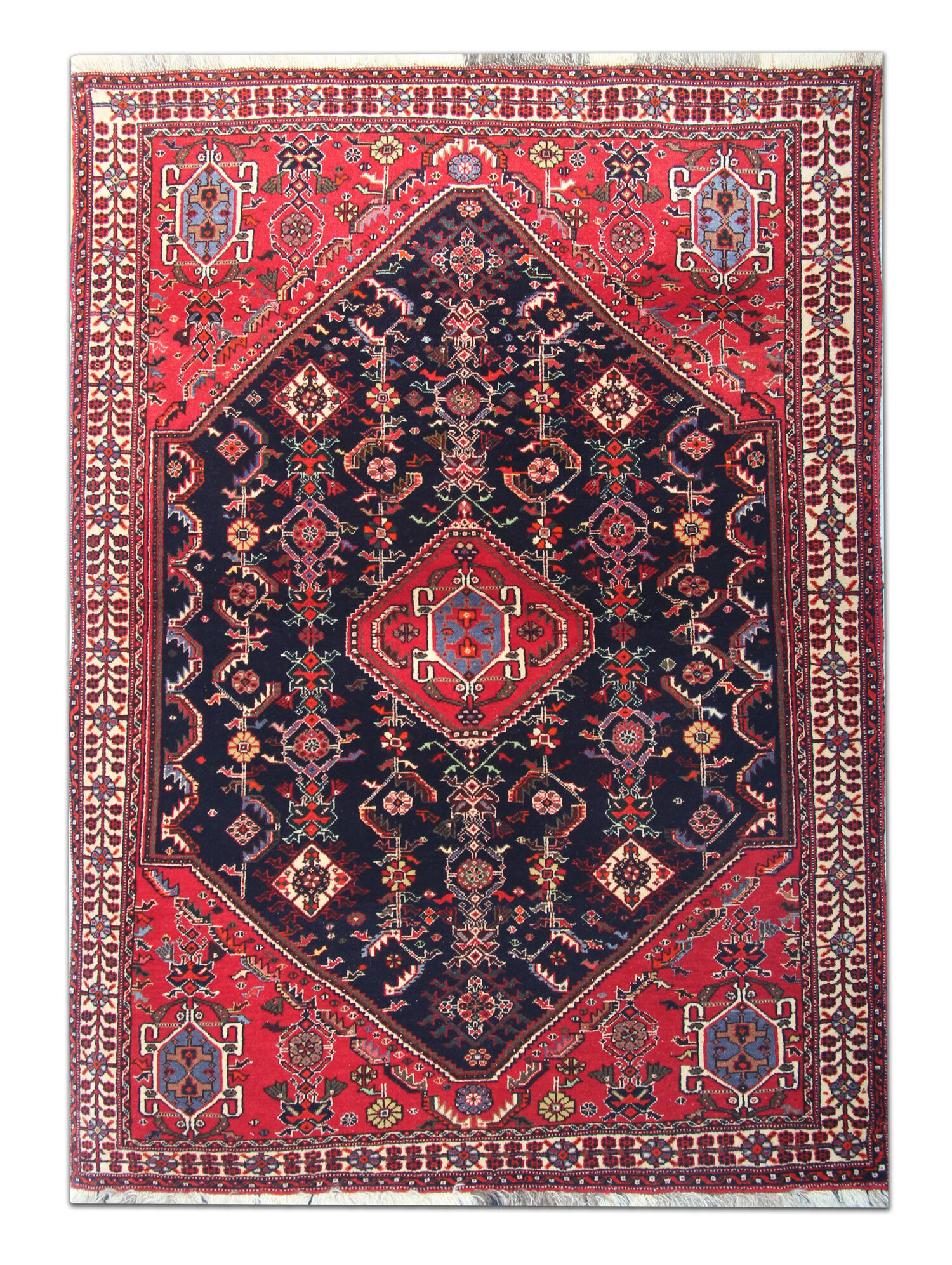 Handmade vintage persian carpet traditional red blue wool carpet - 117x160cm