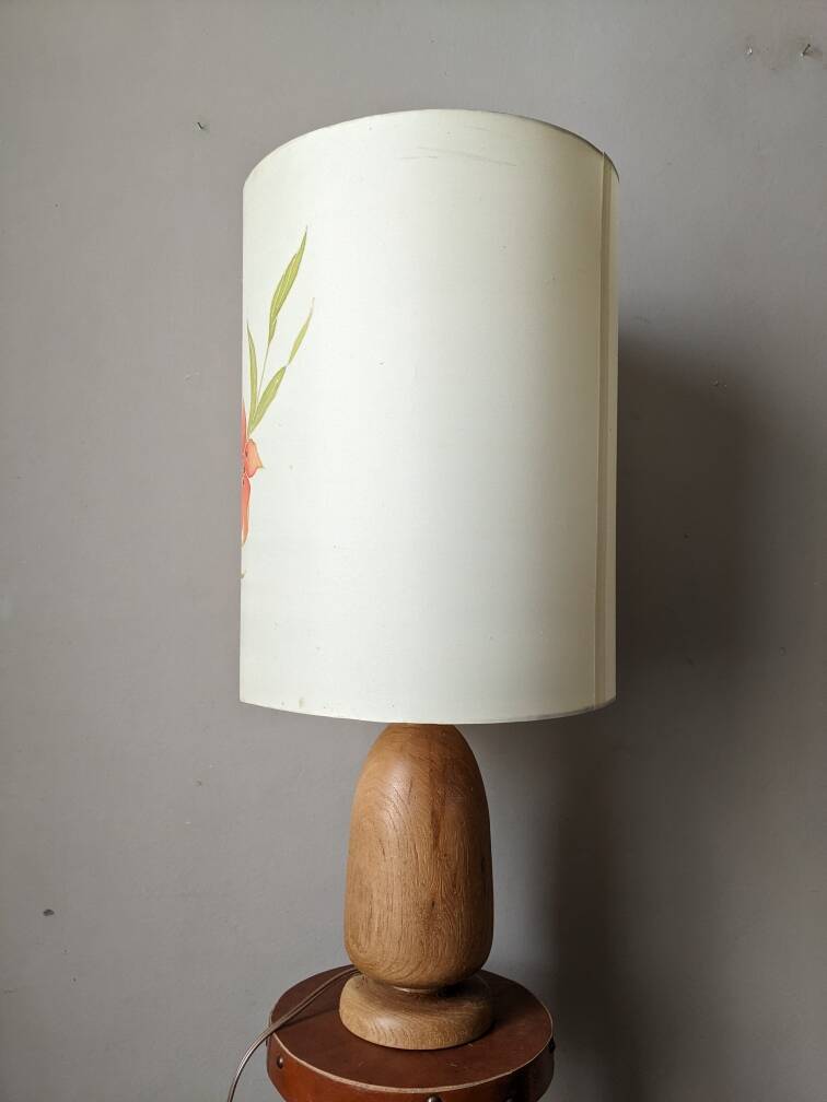 Vintage lamp with turned wooden base and silk lampshade, handcrafted floral decoration