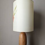 Vintage lamp with turned wooden base and silk lampshade, handcrafted floral decoration