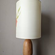 Vintage lamp with turned wooden base and silk lampshade, handcrafted floral decoration