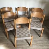 Set of 6 vintage brutalist chairs and beech and jute straps