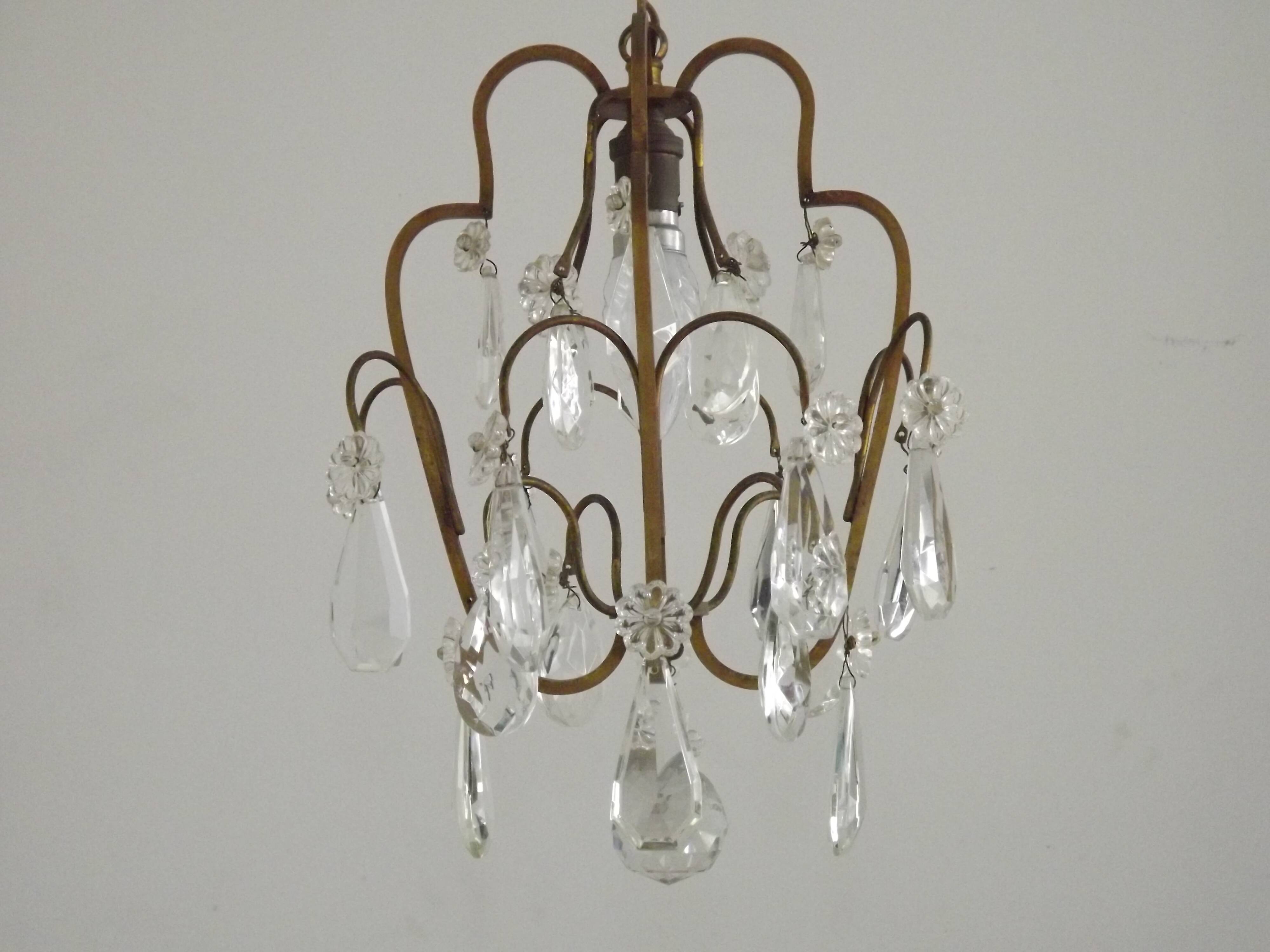 Small French Vintage Brass Single Light 4-Sided Crystal Cage Chandelier