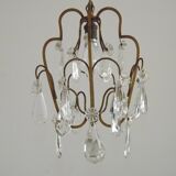 Small French Vintage Brass Single Light 4-Sided Crystal Cage Chandelier