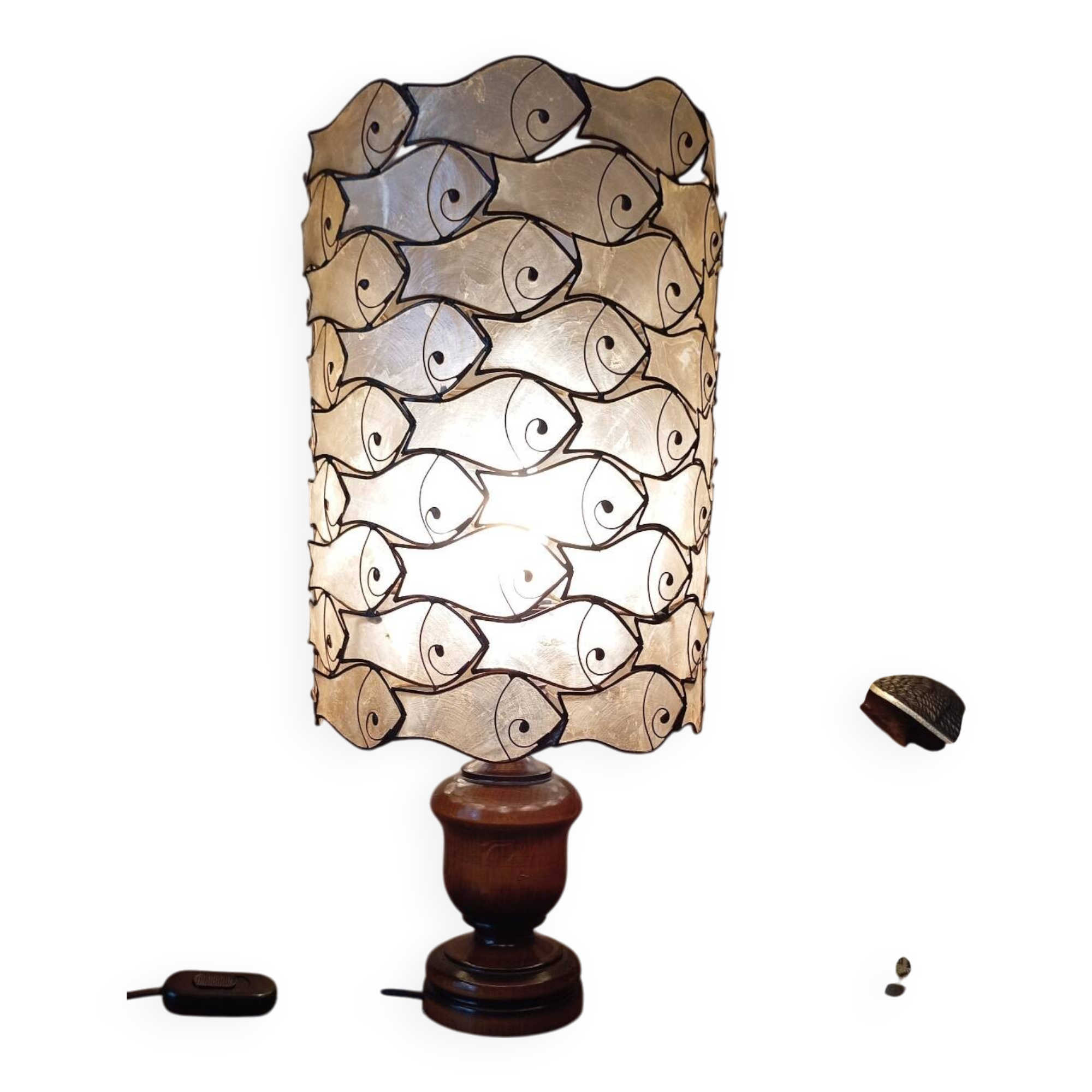 Table lamp with wooden base and mother-of-pearl fish and brass lampshade