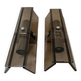 Pair vintage wall lamps 1970 smoked glass and chrome metal veca