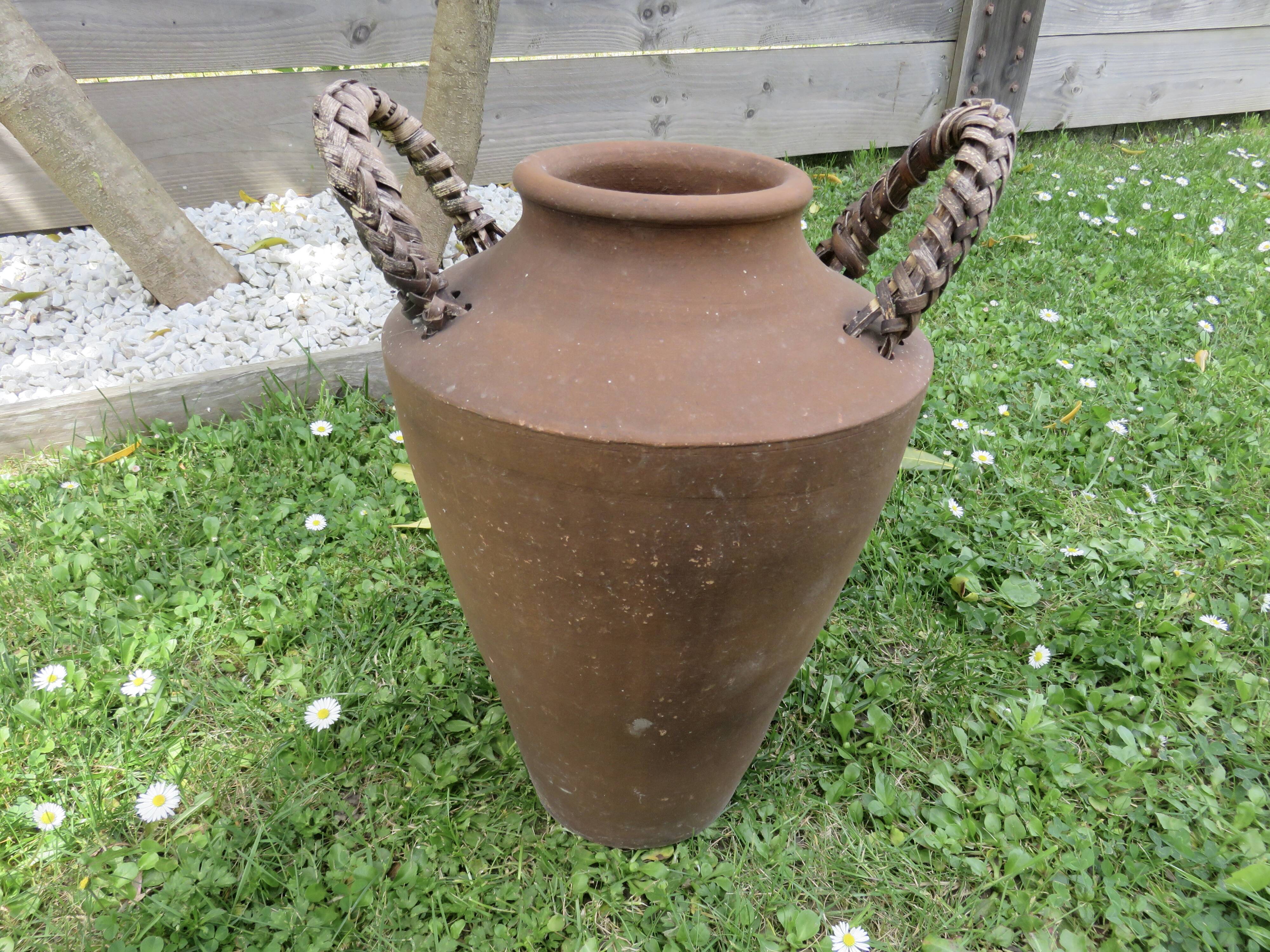 Terracotta flower pot, rattan handles 30s 40s