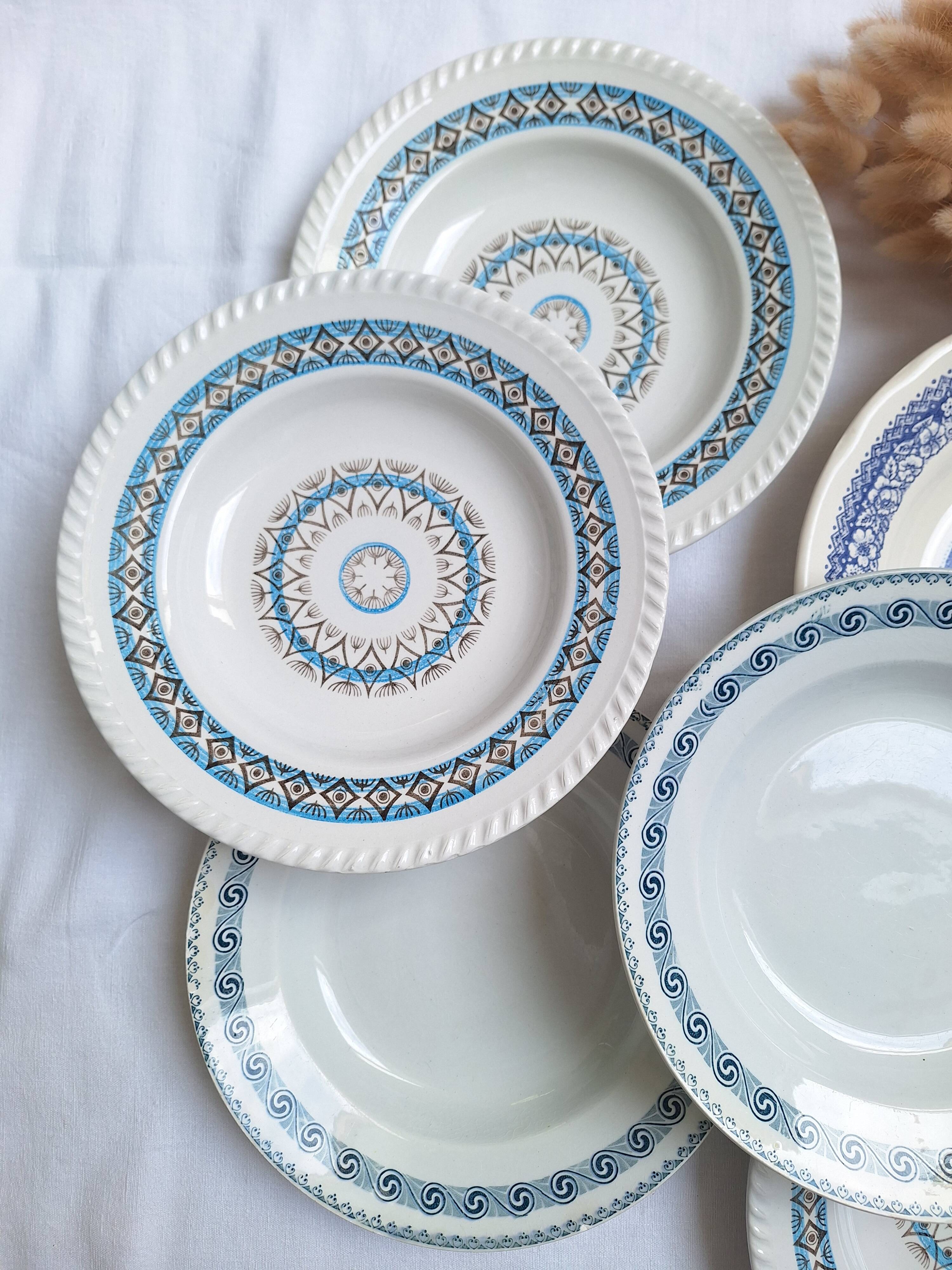 St Amand blue soup plates, Ironstone