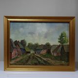 Oil on panel small rural village, vintage framed painting from the 1950s-1970s.