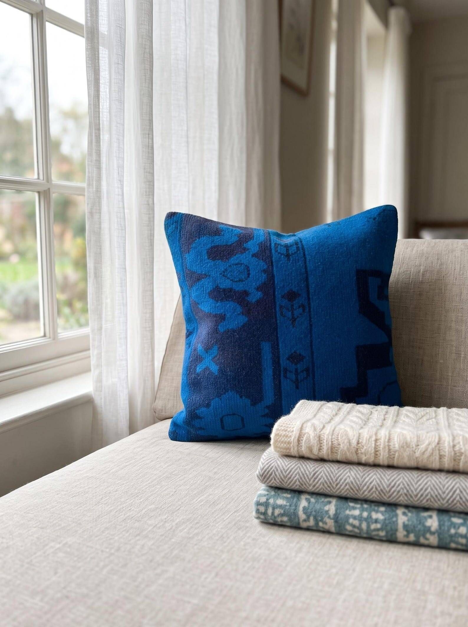 Vintage Turkish Wool Tribal Pillow, 18x18 Hand-Knotted Rug Cushion