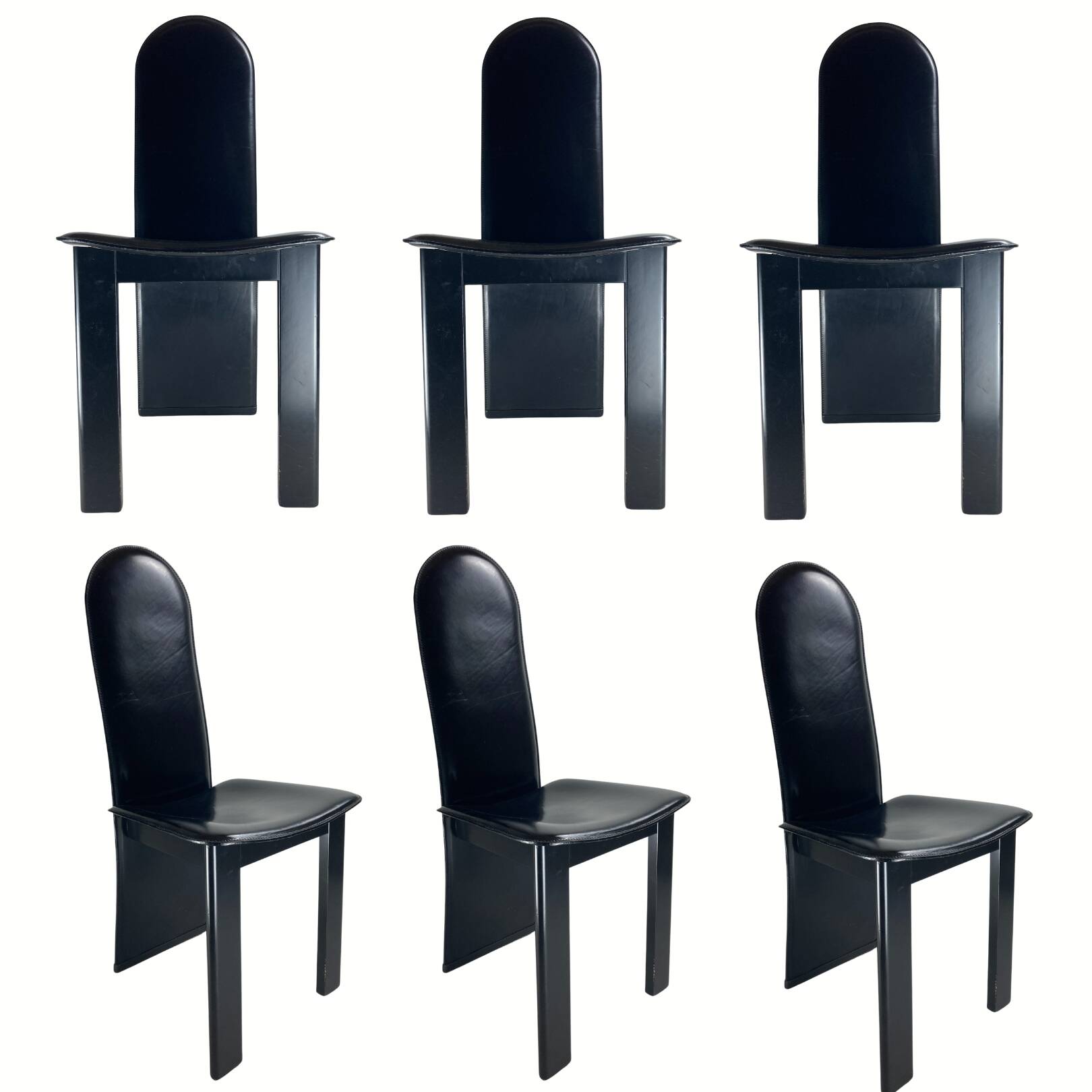Post modern Memphis high back black leather stitched organic dining chairs, set of 6. Italy, 1980s