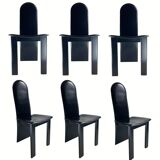 Post modern Memphis high back black leather stitched organic dining chairs, set of 6. Italy, 1980s