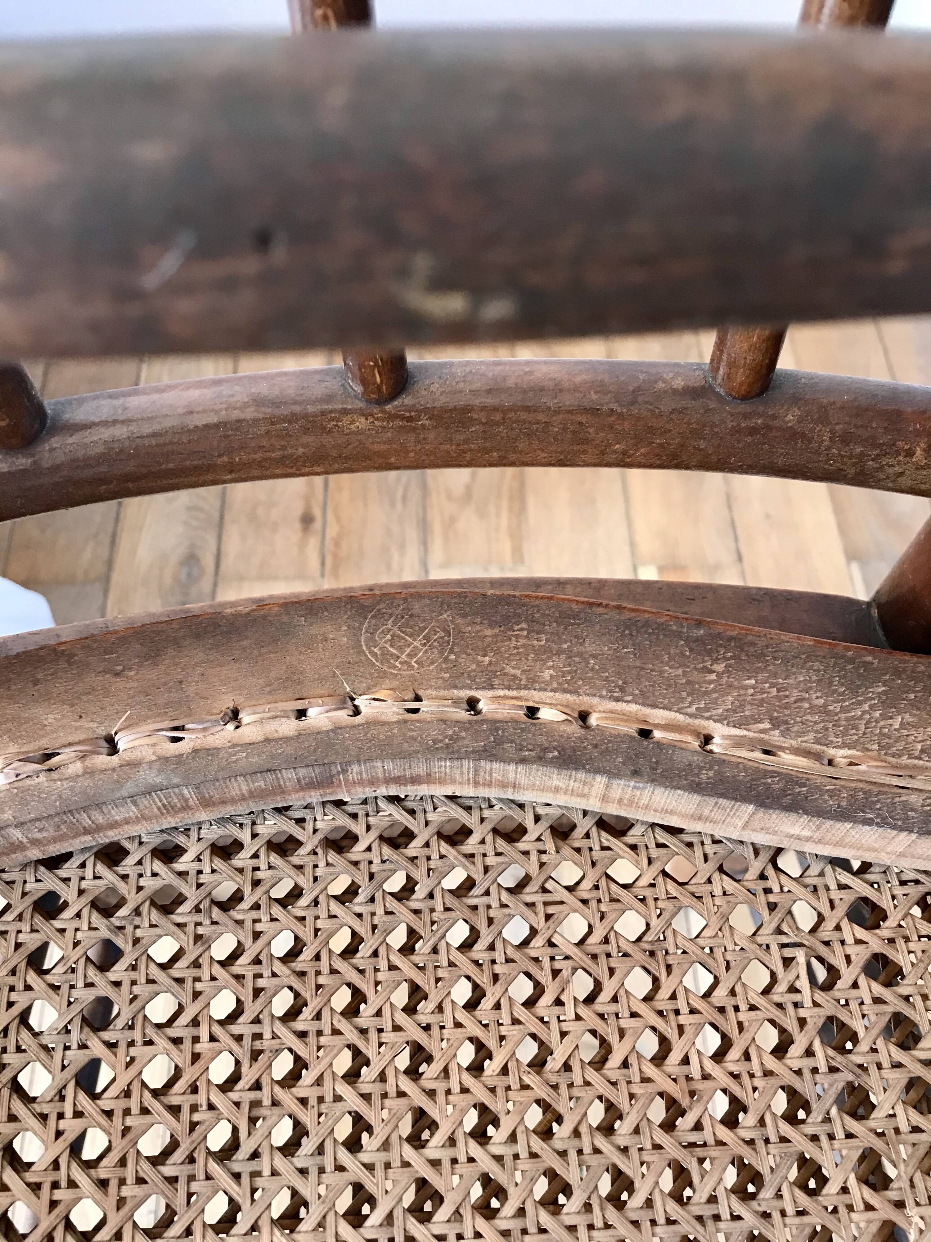 set of 4 bistro chairs in turned wood and canework stamped early 20th century