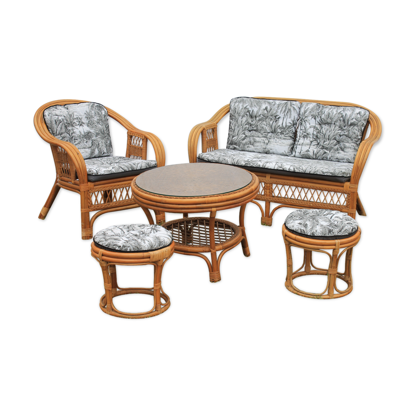 5-piece rattan salon 70/80 year jungle fabric