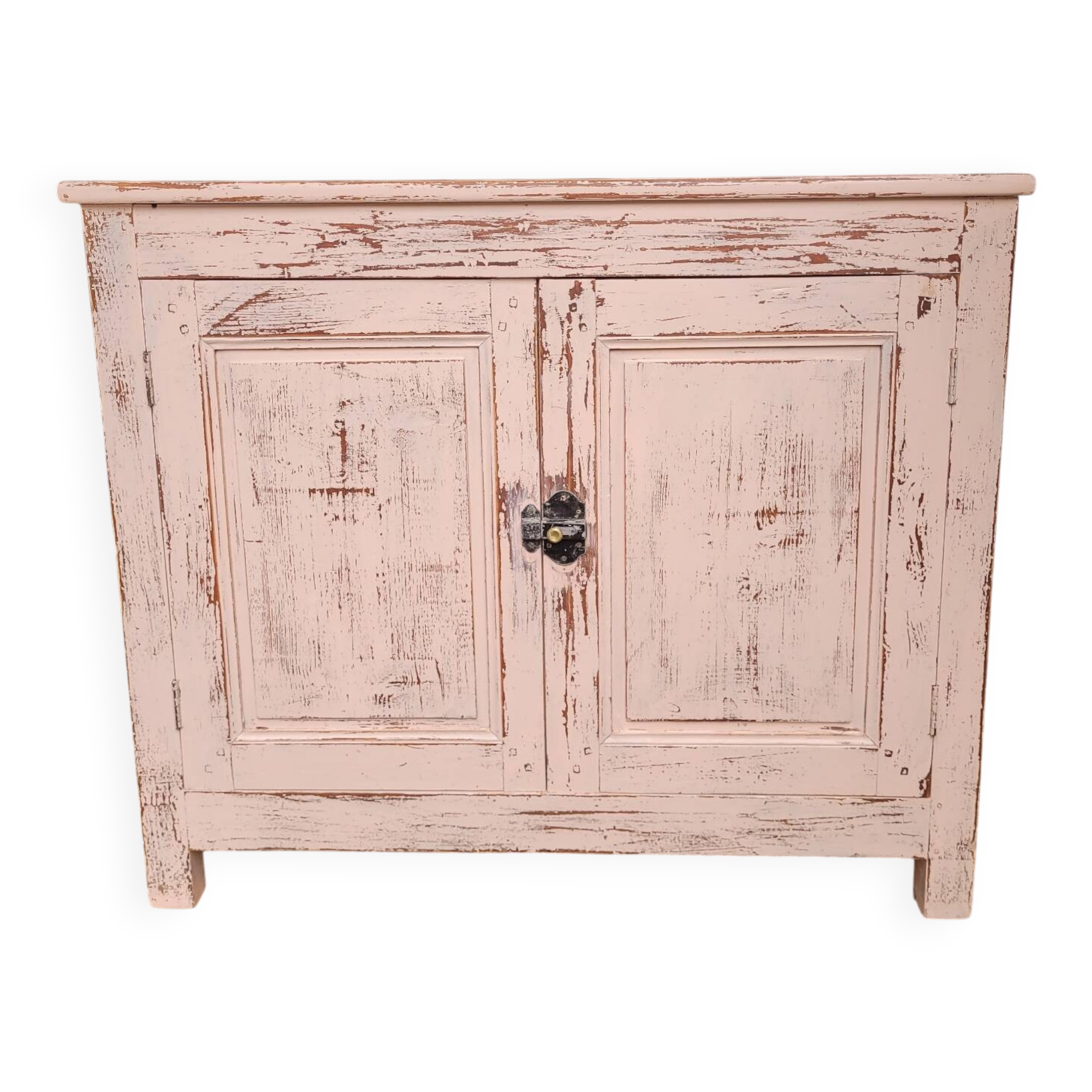 Buffet bas ancien patiné rose poudré – bois massif ciré
