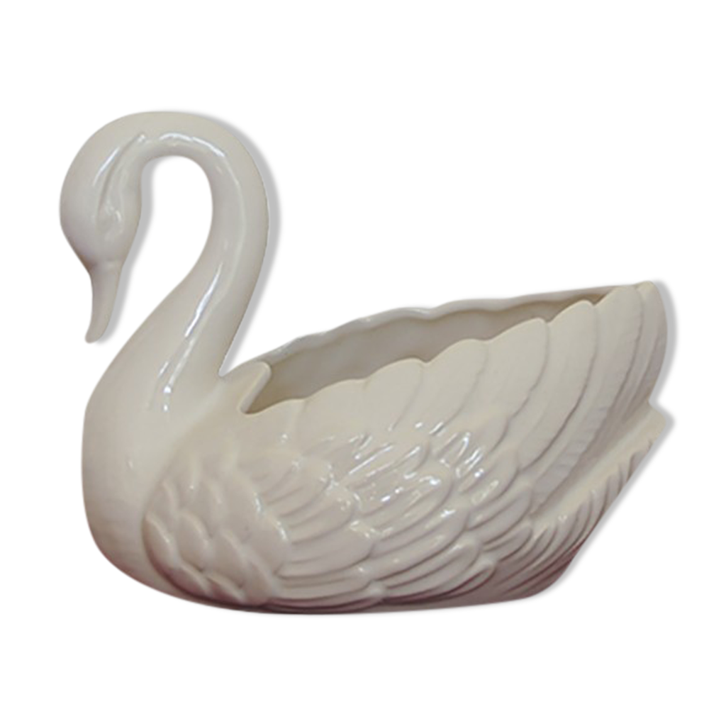 Petit Vase En Céramique Blanche En Forme De Cygne - Hauteur 16 Cm, Style Barbotine - Occasion En Bon état