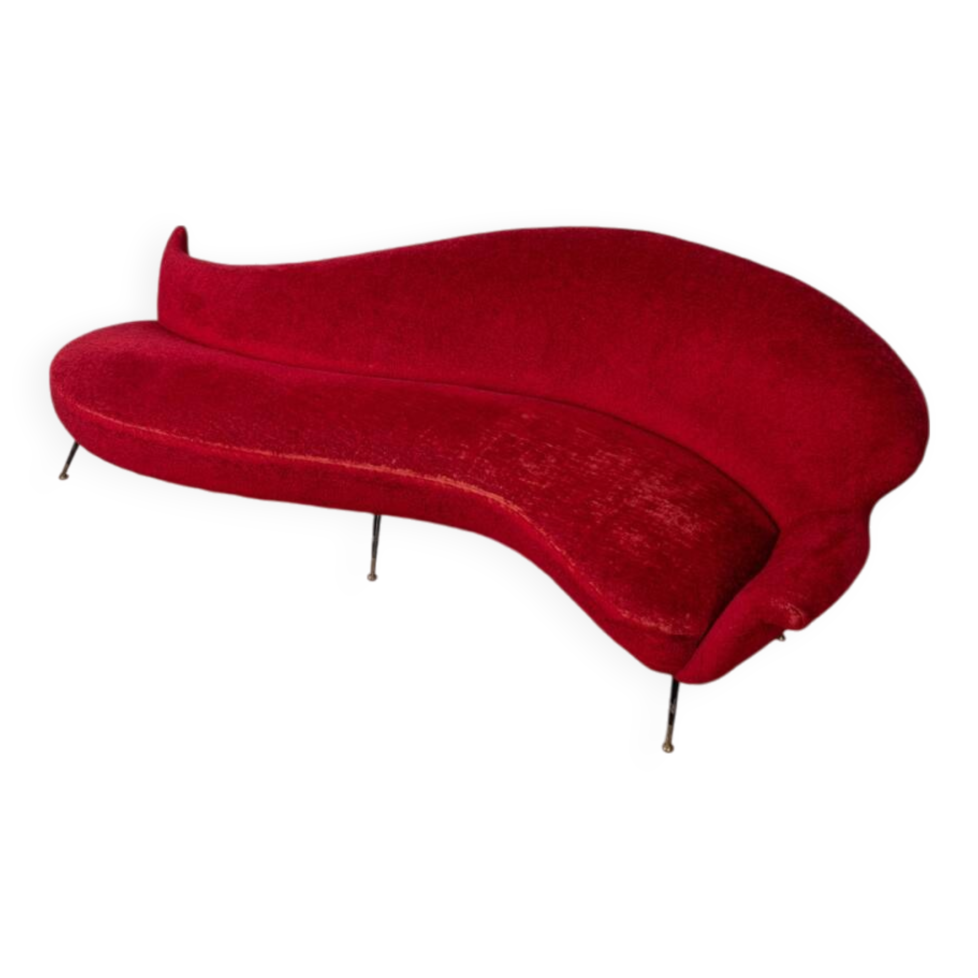 Large 1950s vintage curved sofa in red velvet italian design